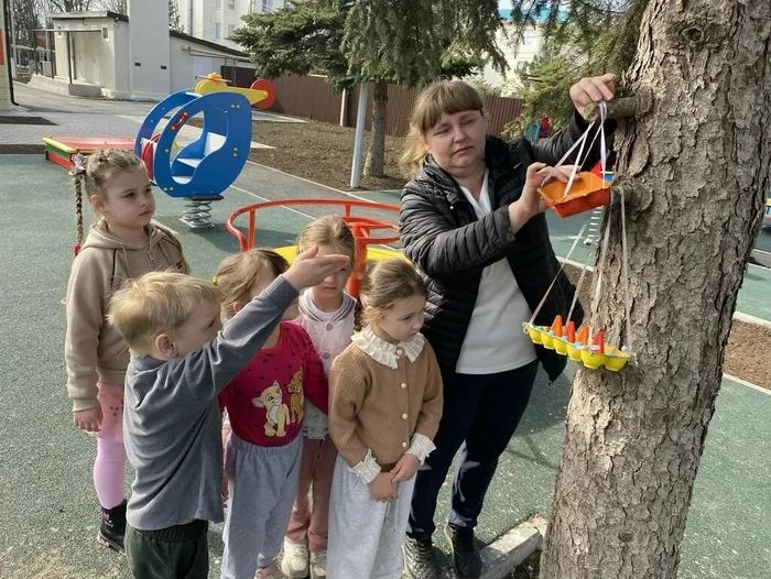 Библиотекарь с ребятами вешают кормушки с угощениями  для птиц